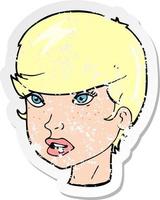 retro distressed sticker of a cartoon pretty female face vector