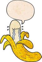 cartoon crying banana and speech bubble in retro texture style vector