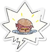 cartoon amazingly tasty bacon breakfast sandwich and cheese and speech bubble distressed sticker vector