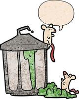 cartoon old metal garbage can and mice and speech bubble in retro texture style vector