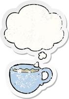 cartoon coffee cup and thought bubble as a distressed worn sticker vector