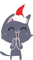 happy flat color illustration of a cat wearing santa hat vector