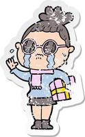 distressed sticker of a cartoon crying woman wearing spectacles vector