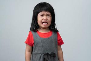 Portrait of Asian angry, sad and cry little girl on white isolated background, The emotion of a child when tantrum and mad, expression grumpy emotion. Kid emotional control concept photo