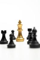 Golden Chess King standing to Be around of other chess, Concept of a leader must have courage and challenge in the competition, leadership and business vision for a win in business games