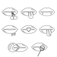 Collection of women's lips. black contour, doodle. Vector illustration of sexy woman's lips. Smile, kiss