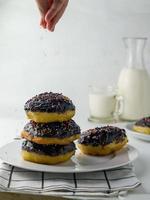 Morning breakfast with donuts and milk photo