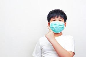 The asian boy in a medical surgical mask, wearing a white t-shirt and pointing his finger to the side. photo