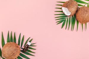 Palm leaves and coconuts on pink pastel background
