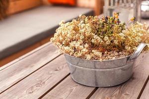 Potted heather flowers on wooden table outdoors photo