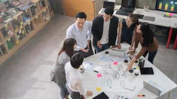 grupo de personas de negocios asiáticos reunión del equipo en el concepto de ideas y planificación de diseño de trabajo de oficina moderna foto