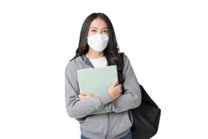 Young Asian woman wearing hygienic mask to prevent infection corona virus Air pollution pm2.5 in isolated on white background photo