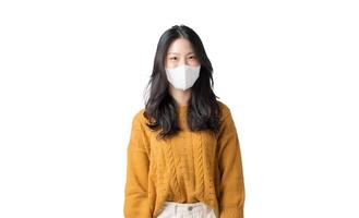 Young Asian woman wearing hygienic mask to prevent infection corona virus Air pollution pm2.5 in isolated on white background photo