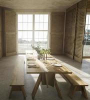 Scandinavian farmhouse style wooden kitchen and large windows with nature view. Dining table with dishes. 3d render illustration.