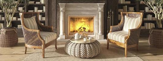 Scandinavian farmhouse style living room interior book library with fireplace. Web banner. 3d rendering illustration.