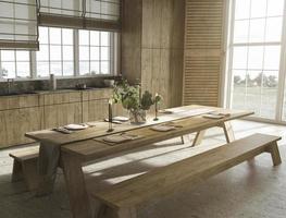 cocina de madera estilo casa de campo escandinava con persianas y mesa de comedor con platos. Ilustración de procesamiento 3d. foto