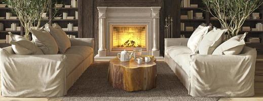 Scandinavian farmhouse style living room interior with bookshelf and fireplace. Web banner. 3d rendering illustration. photo