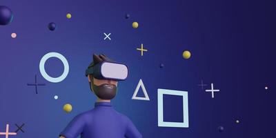 hombre de personaje de dibujos animados con gafas vr concepto de tecnología y juegos. Ilustración de procesamiento 3d. foto