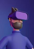 Close-up of a 3D cartoon character man with VR glasses concept of technology and gaming. 3d render illustration. photo