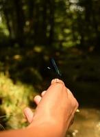 A blue dragonfly on a woman hand in front of a bokeh background of greenery and trees on a sunny day , closeup photo