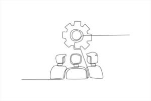 Continuous one line drawing business team looking at gear system working for business operation. Training and workshop concept. Single line draw design vector graphic illustration.