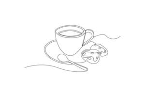 Single one line drawing cup of tea and cookies. Hotel activity concept. Continuous line draw design graphic vector illustration.