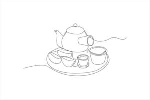 Single one line drawing teapot, teacup and korean food. Happy chuseok concept. Continuous line draw design graphic vector illustration.