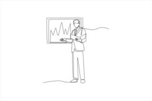 Continuous one line drawing businessman reading and analysis data based on graph in screen. Training and workshop concept. Single line draw design vector graphic illustration.