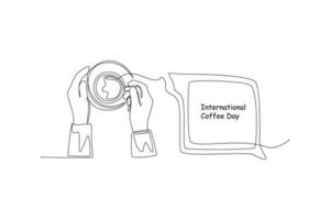 Continuous one line drawing hands hold a cup of coffee. Suitable for greeting card. International coffee day concept. Single line draw design vector graphic illustration.