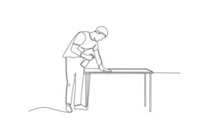 Continuous one line drawing janitor cleaning desk in office. Office cleaning services concept. Single line draw design vector graphic illustration.