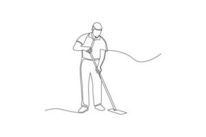 Continuous one line drawing male janitor mopping floor in office. Office cleaning services concept. Single line draw design vector graphic illustration.