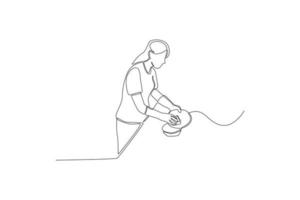 Continuous one line drawing woman washing dish at kitchen. Office cleaning services concept. Single line draw design vector graphic illustration.