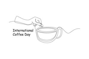 Continuous one line drawing cup and coffee bean. Suitable for greeting card. International coffee day concept. Single line draw design vector graphic illustration.