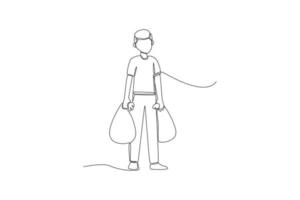 Continuous one line drawing man holding two trash bag. Office cleaning services concept. Single line draw design vector graphic illustration.