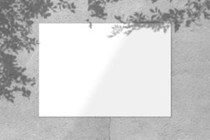 Blank white square poster mockup with light shadow on gray concrete wall background. photo