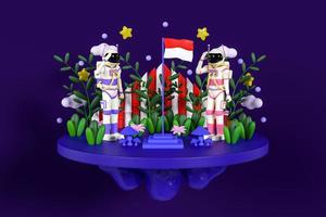 los astronautas saludan a la bandera de Indonesia. ilustración 3d del día de la independencia de Indonesia sobre fondo azul. renderizado 3d foto