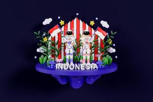 astronautas levantando la bandera de Indonesia. ilustración 3d del día de la independencia de Indonesia sobre fondo azul. renderizado 3d foto