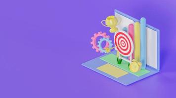 3d illustration of target achievement with arrow on target, discipline, trophy and productivity increase. 3d render photo