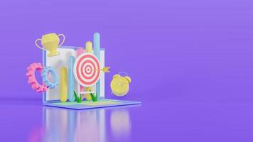 3d illustration of target achievement with arrow on target, discipline, trophy and productivity increase. 3d render photo