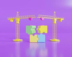 3D jigsaw puzzle pieces lifted by crane on blue background. Problem-solving, business concept. 3d render illustration photo