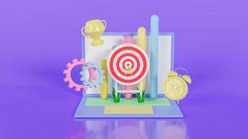 3d illustration of target achievement with arrow on target, discipline, trophy and productivity increase. 3d render photo