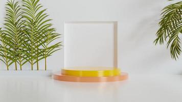 Product display podium with palm leaf in white background. 3d render photo