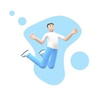 Positive character in colored clothes on an abstract stain background. A young cheerful guy runs, dances, jumps, levitates and flies. Funny cartoon people. 3D rendering. photo