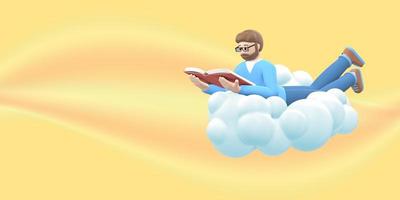 aficionado a la literatura un joven con barba en gafas en el cielo en una nube está leyendo un libro. gente de dibujos animados divertidos y abstractos sobre un fondo amarillo. representación 3d foto