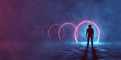 3d rendering of cyber space, a lonely person in front of a lot of red neon circles portal, teleport in fog, smoke. Surreal, fantastic landscape, space tunnel, flaming corridor. photo