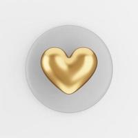 icono de corazón dorado realista. Botón de tecla redonda gris de representación 3d, elemento ui ux de interfaz. foto