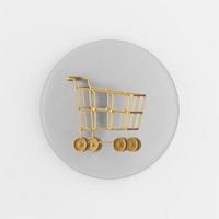 Golden shopping cart on wheels icon. 3d rendering gray round key button, interface ui ux element. photo