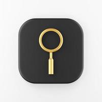 Minimalistic golden magnifier icon. 3d rendering black square key button, interface ui ux element. photo