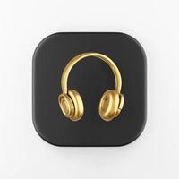 Gold headphones icon. 3d rendering black square key button, interface ui ux element. photo