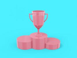 Pink mono color winner cup on a pedestal on a blue solid background. Minimalistic design object. 3d rendering icon ui ux interface element. photo